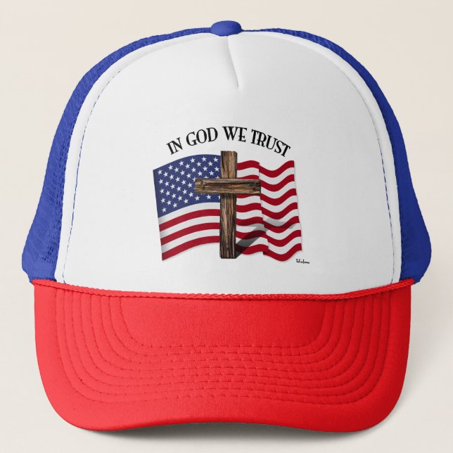 In God We Trust with Rugged Cross and US Flag Trucker Hat (Front)