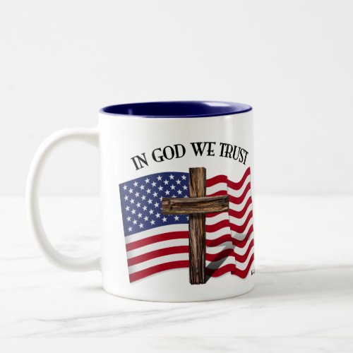 In God We Trust with Rugged Cross and US Flag Two_Tone Coffee Mug