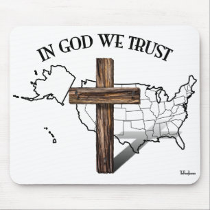 In God We Trust with rugged cross and US outline Mouse Pad