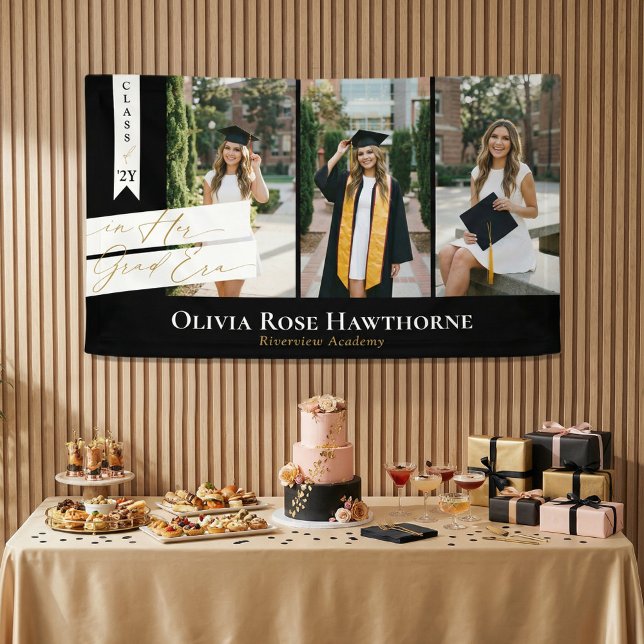 In Her Grad Era Elegant 3 Photo Graduation Party Banner (In Her Grad Era Elegant 3 Photo Graduation Party Banner)