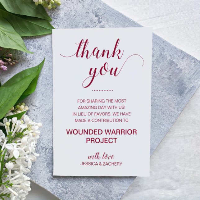 In Lieu Of Favor Charity Donation Burgundy Wedding Place Card (Creator Uploaded)