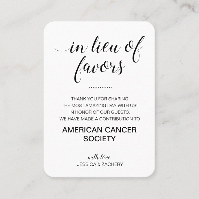 In Lieu Of Favors Charity Donate Black Wedding Place Card (Front)