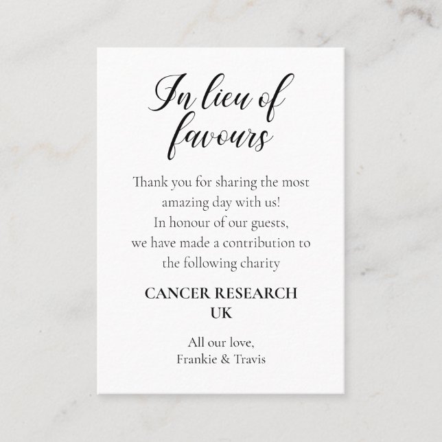 In Lieu Of Favors Charity Donation Wedding Place Card (Front)