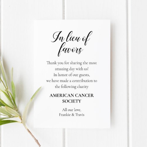 In Lieu Of Favors Charity Donation Wedding Place Card
