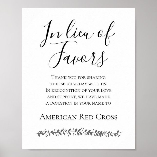 In Lieu Of Favors Charity Donation Wedding Sign (Front)