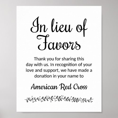 In Lieu Of Favors Charity Donation Wedding Sign