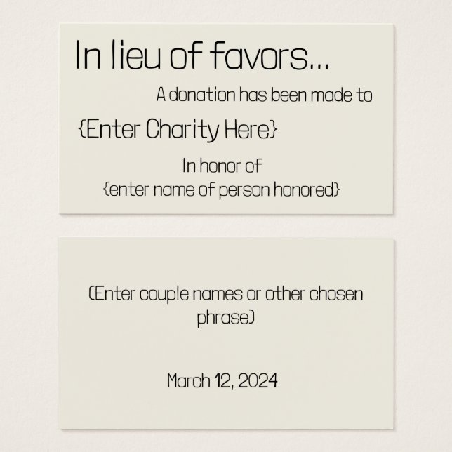 In lieu of favors donation card for wedding  (Front & Back)