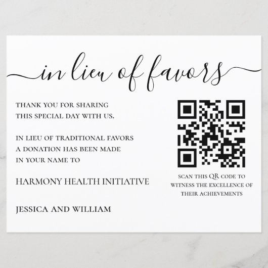 In Lieu of Favors For Wedding Charity With QR Code (Front)