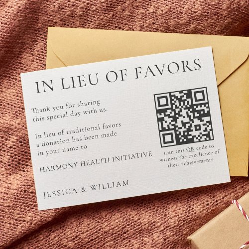 In Lieu of Favors For Wedding Charity With QR Code Card