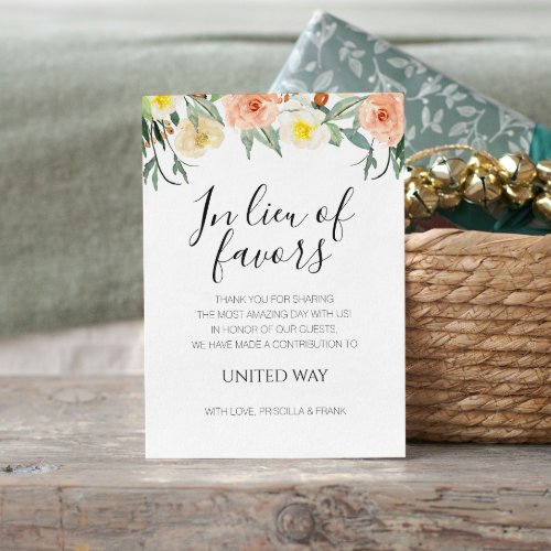 In Lieu Of Favors Peach Flowers Charity Wedding Place Card