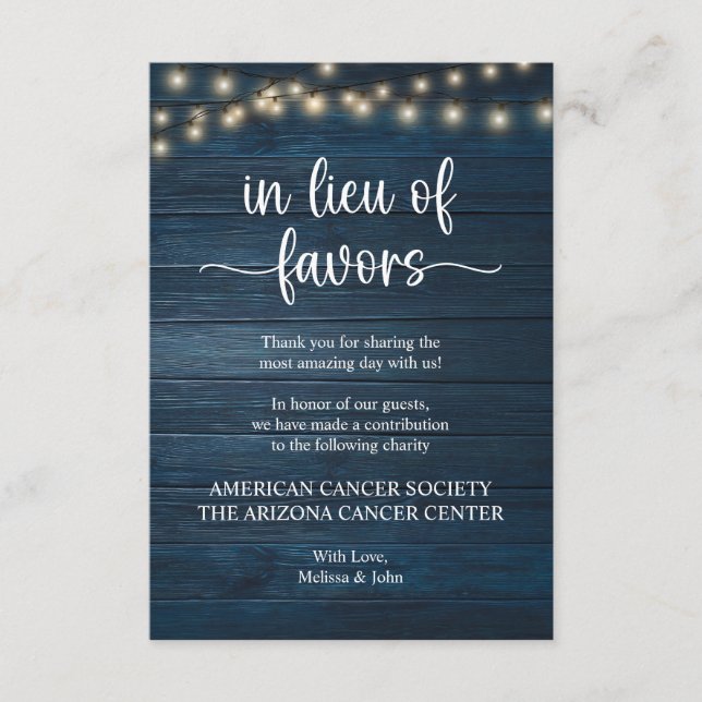 in lieu of favors Rustic String Lights Navy Blue Enclosure Card (Front)