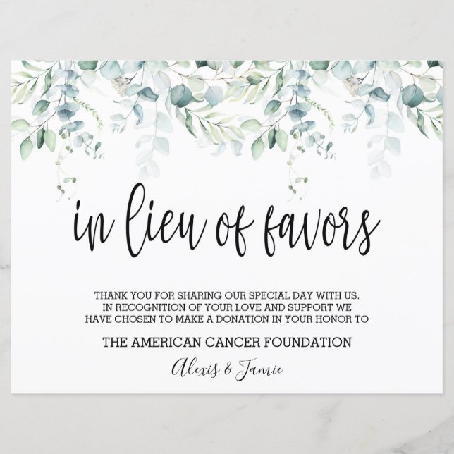 In Lieu of Favors Sign - Eucalyptus Wedding (Front)