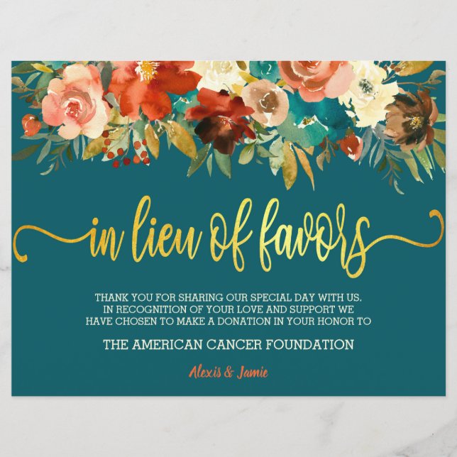 In Lieu of Favors Sign - Teal & Orange Wedding (Front)