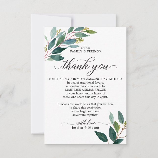 In Lieu of Favors Thank You Place Card Greenery (Front)