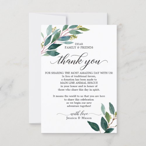 In Lieu of Favors Thank You Place Card Greenery