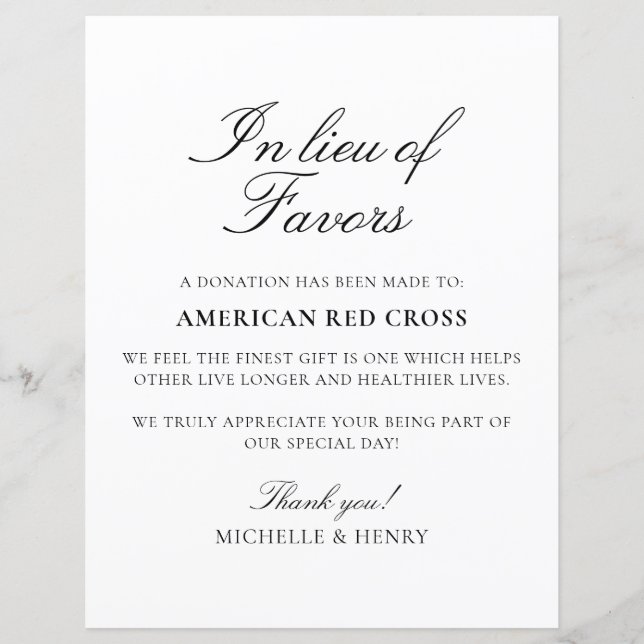 In Lieu of Favors Wedding Donation Sign (Front)