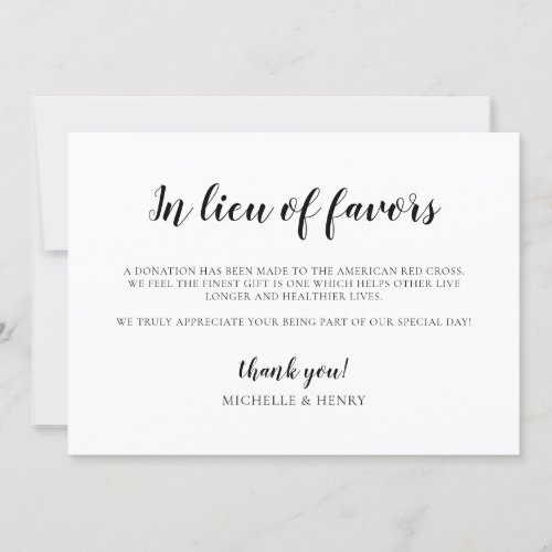 In Lieu of Favors Wedding Donation Sign Invitation