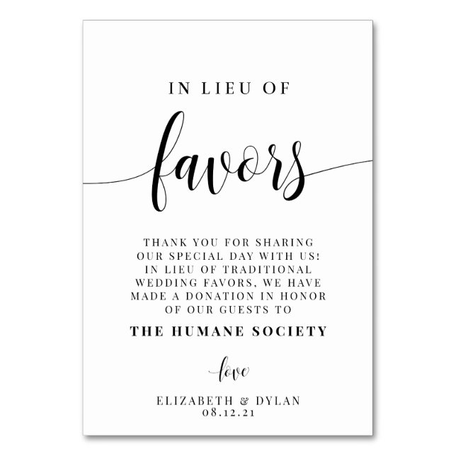 In Lieu Of Favors Wedding Table Card (Front)