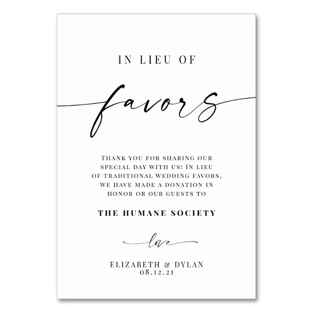In Lieu Of Favors Wedding Table Card (Front)