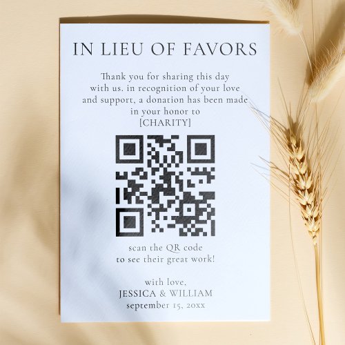 In Lieu of Favors With QR Code For Wedding Charity Enclosure Card