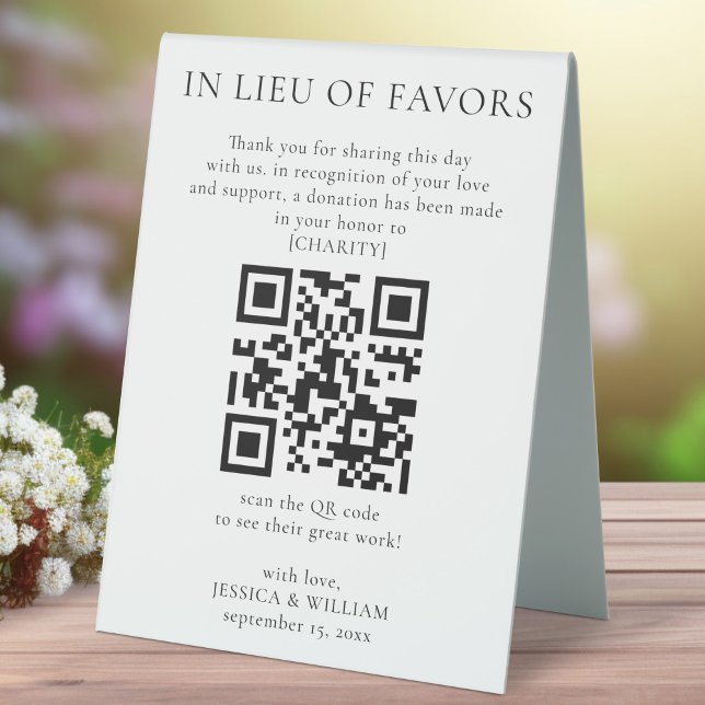 In Lieu of Favors With QR Code For Wedding Charity Table Tent (Creator Uploaded)