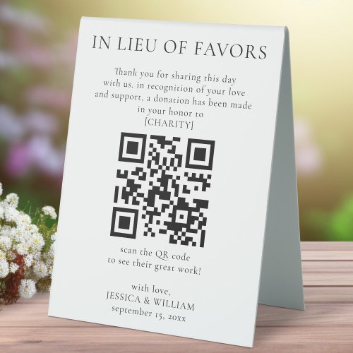 In Lieu of Favors With QR Code For Wedding Charity Table Tent Sign