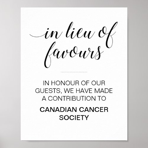 In Lieu Of Favours Charity Donation Wedding Sign
