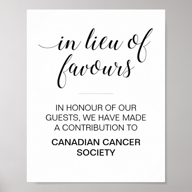 In Lieu Of Favours Charity Donation Wedding Sign (Front)