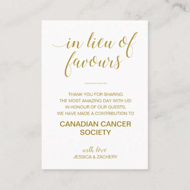 In Lieu Of Favours Gold Charity Donation Wedding Place Card (Front)