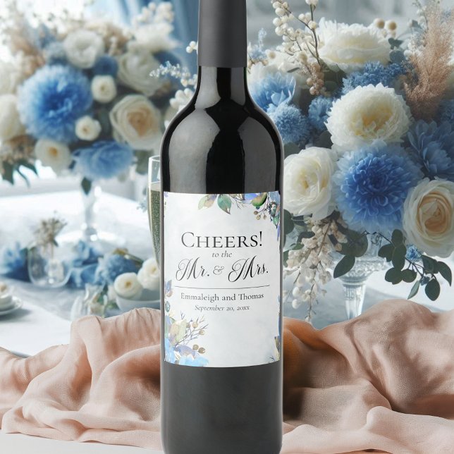 In Love Blue Watercolor Floral Wedding Wine Label (Creator Uploaded)