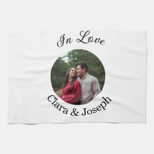 In love couple circular photo name wedding romanti kitchen towel