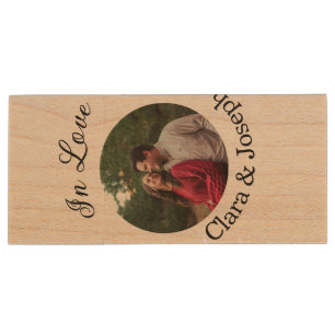 In love couple circular photo name wedding romanti wood flash drive
