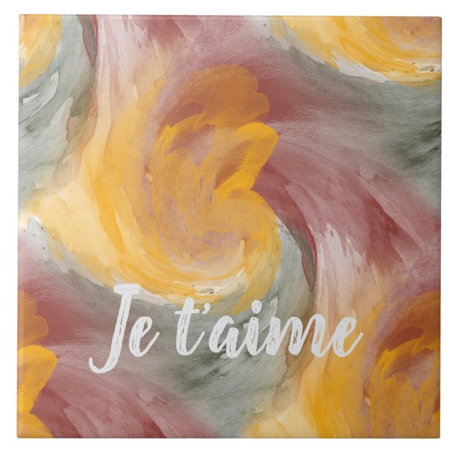 In Love French Autumn Watercolor Paint Swirls Ceramic Tile (Front)