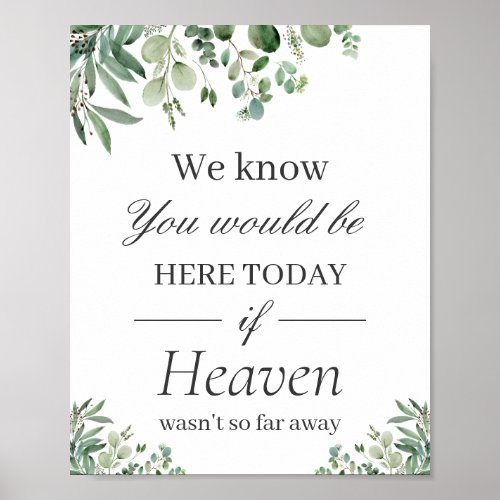 In Love Memory Wedding Sign Eucalyptus Leaves - Greenery Eucalyptus Leaves - We Know You Would Be Here Wedding Memorial Sign Poster. 
(1) The default size is 8 x 10 inches, you can change it to a larger size.  
(2) For further customization, please click the "customize further" link and use our design tool to modify this template. 
(3) If you need help or matching items, please contact me.
