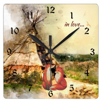 in love ~ Tribal Tipi and Beautiful Foxes Teepee Square Wall Clock