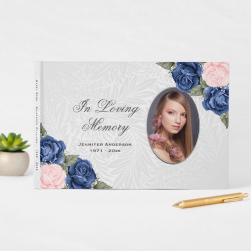 In Loving Memorial Pink Blue Floral Funeral Photo Guest Book