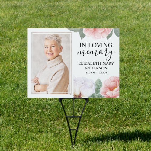 In Loving Memorial Pink White Floral Photo Sign