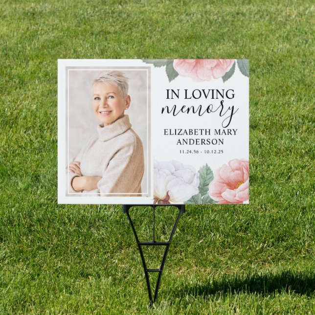 In Loving Memorial Pink White Floral Photo Sign (Insitu)