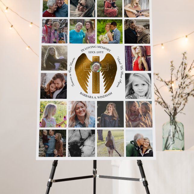 In Loving Memory 21 Photo Collage Cross with Wings Foam Board (In Situ (Stand))