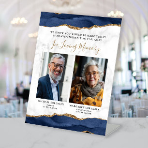 In Loving Memory 2 Photo Blue Agate Marble Wedding Pedestal Sign