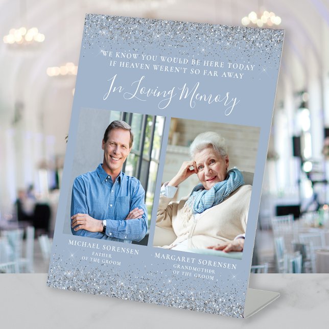 In Loving Memory 2 Photo Dusty Blue Silver Wedding Pedestal Sign (Creator Uploaded)