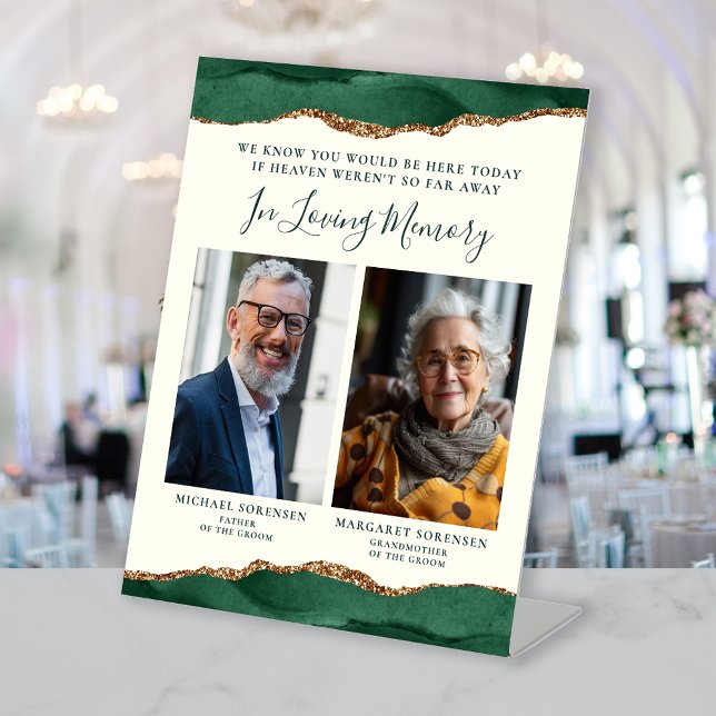 In Loving Memory 2 Photo Green Agate Ivory Wedding Pedestal Sign (Creator Uploaded)