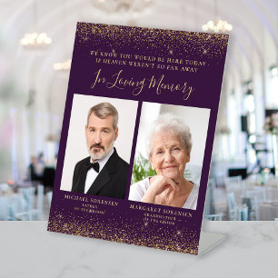 In Loving Memory 2 Photo Purple Gold Wedding Pedestal Sign