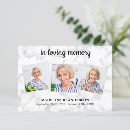 In Loving Memory 3 Photo Collage Sympathy Funeral Thank You Card - Modern Marble Sympathy 3 Photo Funeral Thank You Cards. These sympathy funeral cards feature a unique photo collage for 3 of your favorite photos, name and dates, on a white marble design. These memorial sympathy cards are perfect for funeral thank you cards, or celebration of life thank you cards.
  Personalize back with your message of thanks. COPYRIGHT © 2020 Judy Burrows, Black Dog Art - All Rights Reserved. In Loving Memory 3 Photo Collage Sympathy Funeral Thank You Card