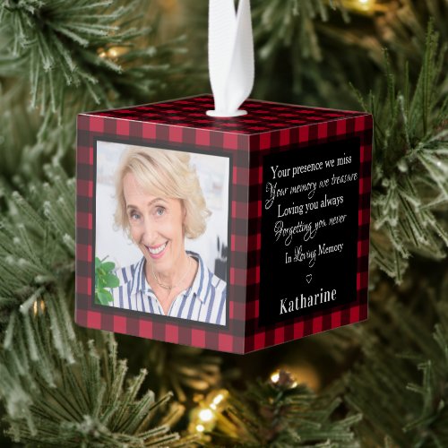 In Loving Memory 3 Photo Red Plaid Memorial Cube Ornament - Celebrate your loved one with a personalized memorial photo cube ornament . This unique memorial keepsake photo cube is the perfect gift for yourself, family or friends to pay tribute to your loved one. This family memorial ornament is perfect for a holiday and Christmas keepsake.
Quote  Quote " Your presence we miss, Your memory we treasure, Loving you always, Forgetting you never ... In Loving Memory.
Personalize with three of your favorite photos and name .  COPYRIGHT © 2020 Judy Burrows, Black Dog Art - All Rights Reserved. In Loving Memory 3 Photo Red Plaid Memorial Cube Ornament 
