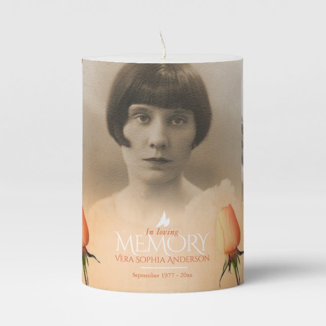 In loving memory 3 photo template orange rose pillar candle (Front)