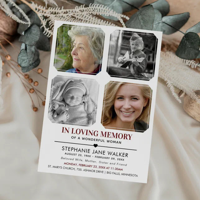 In Loving Memory | 4 Photo Collage Funeral Invitation | Zazzle