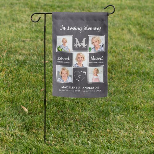 In Loving Memory 5 Photos Personalized Cemetery  Garden Flag - In Loving Memory custom memorial garden flag in a rustic gray slate design. This unique photo collage memorial garden flag is the perfect gift for yourself, family or friends to honor those loved . 
This memorial garden flag is perfect for a gravestone flag, cemetery graves or marker flag. Celebration of Life.
 Quote " In Loving Memory.. Loved beyond words , Missed beyond measure. " 
 See 'personalize this template' to change photos, monogram initial, and name, dates .COPYRIGHT © 2020 Judy Burrows, Black Dog Art - All Rights Reserved. In Loving Memory 5 Photos Personalized Cemetery Garden Flag 