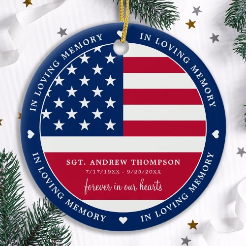 In Loving Memory American Flag Veteran Memorial Ceramic Ornament
