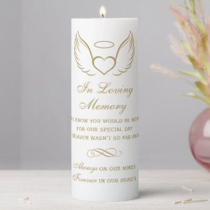 In Loving Memory Angel Wings Gold Pillar Candle
